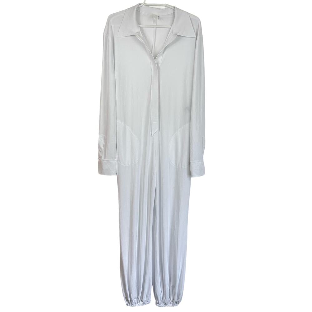 Norma Kamali White Long-Sleeve Button-Front Jumpsuit with Gathered Ankles